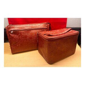 Neiman Marcus Cosmetic Makeup Travel Bags 2 Piece Set Zipper Embossed Vinyl